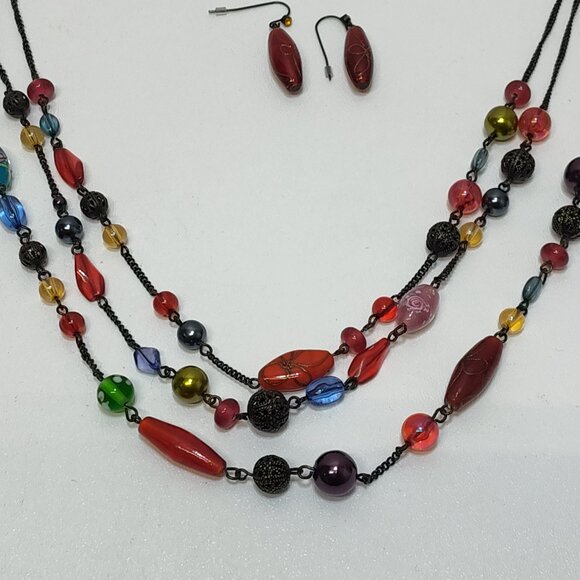Avon Trio Chain Necklace Dangle Earrings Multicolor Art Glass Beads Boho Hippie - Picture 3 of 8